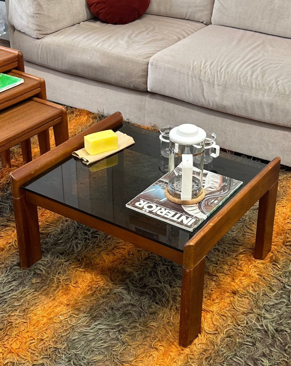 Teak and Smoked Glass Coffee Table
