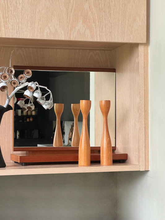 Mid Century Teak Tulip Candlesticks, Japan