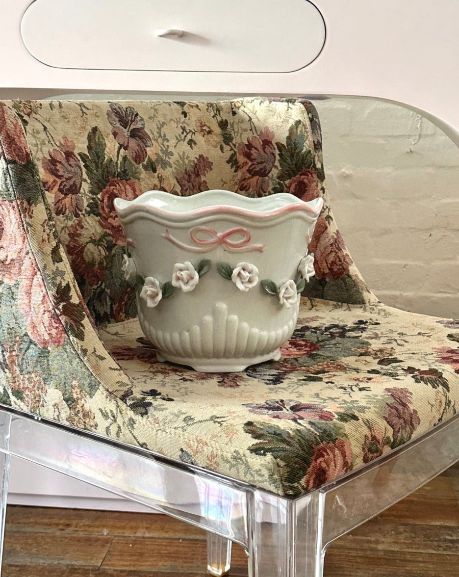 Vintage Belleek Porcelain Ruffled Rose Planter / Vase