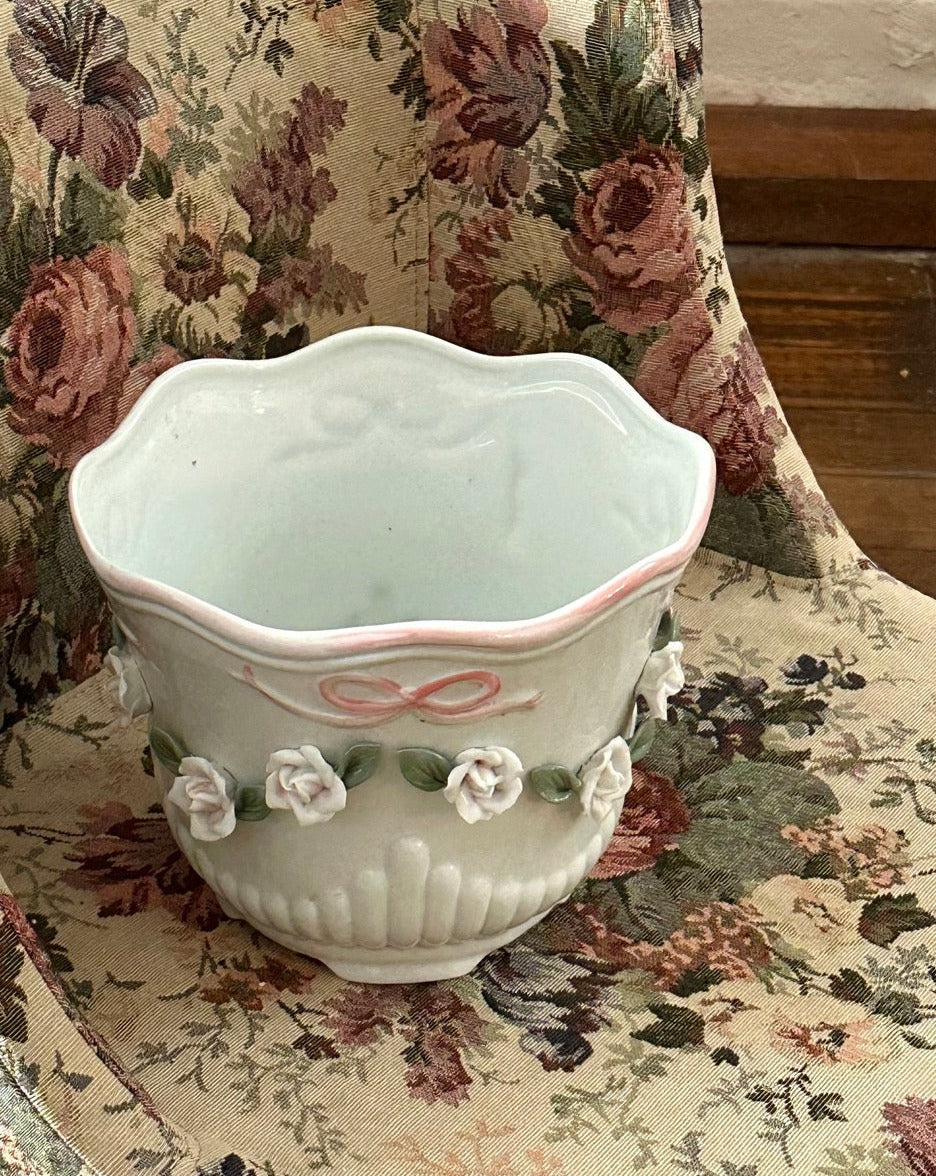 Vintage Belleek Porcelain Ruffled Rose Planter / Vase