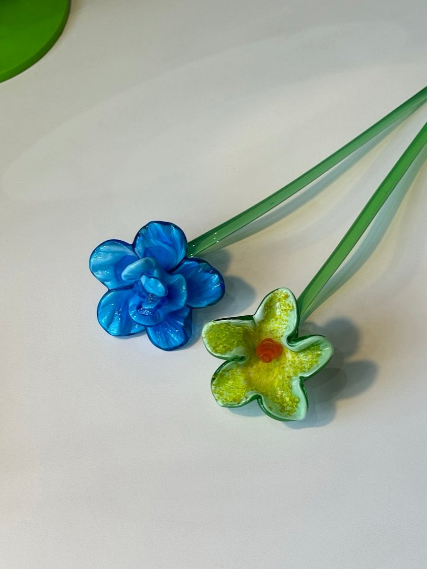 Yellow Hand Blown Art Glass Flower