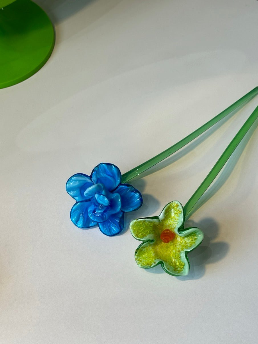 Blue Hand Blown Art Glass Flower