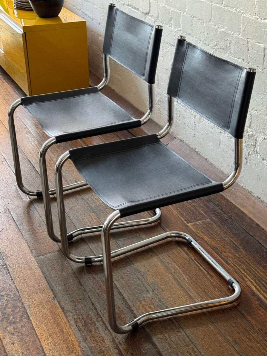 Pair of Black Leather Cantilever Chairs