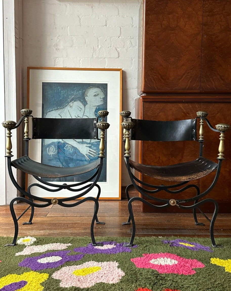 Pair of Wrought Iron & Brass Savonarola Armchairs