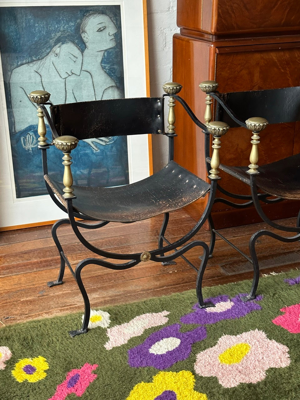 Pair of Wrought Iron & Brass Savonarola Armchairs