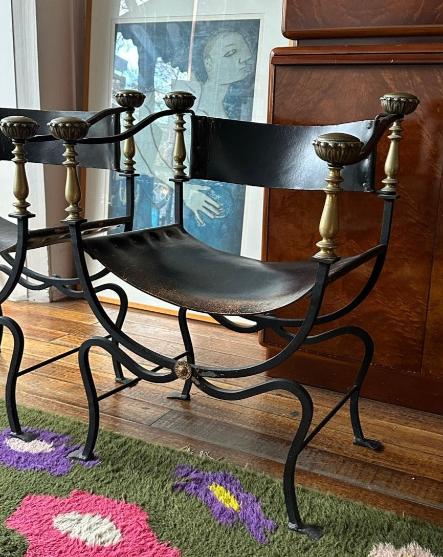 Pair of Wrought Iron & Brass Savonarola Armchairs