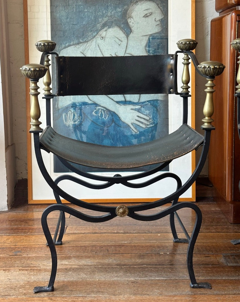 Pair of Wrought Iron & Brass Savonarola Armchairs