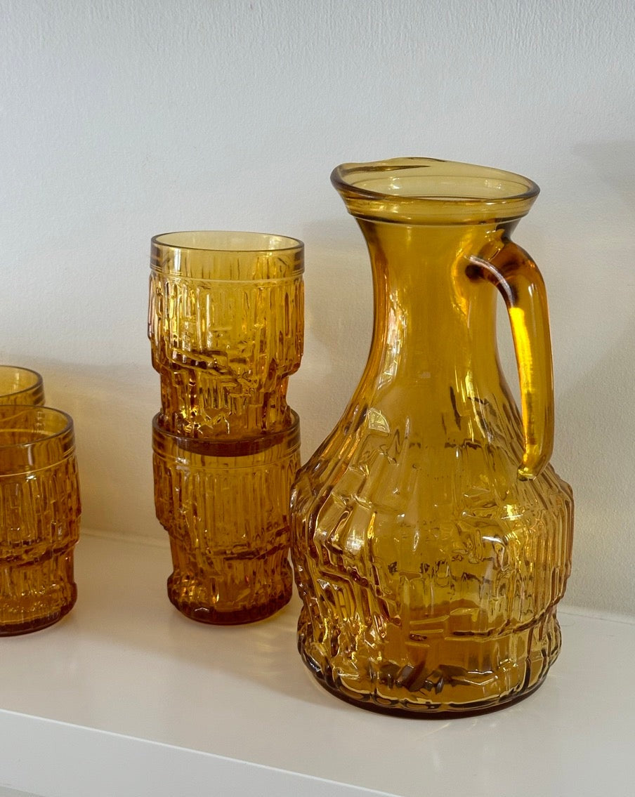 Amber Glass Jug and Six Matching Glasses