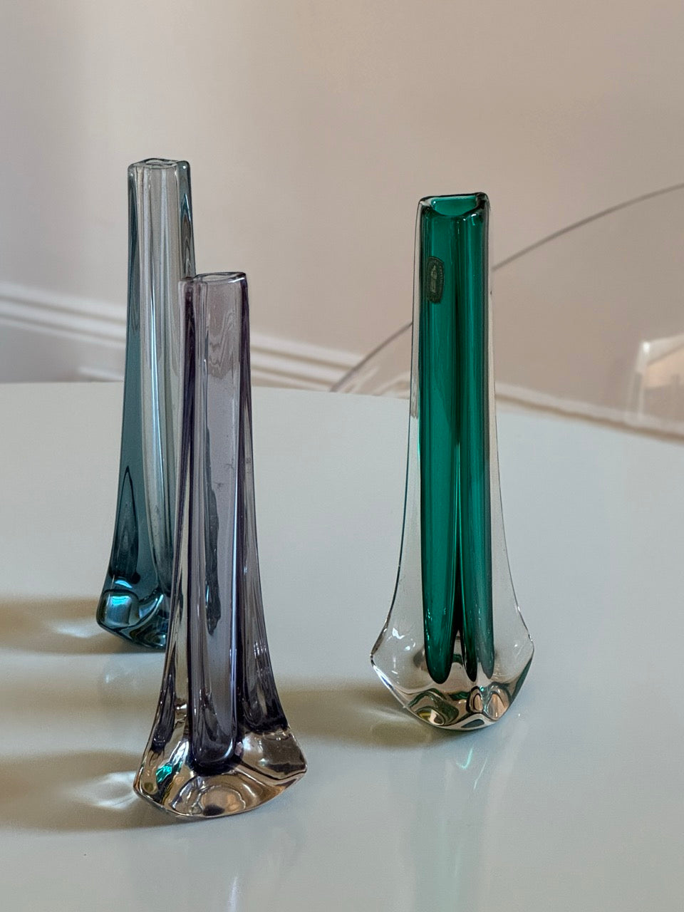 Three Kingfisher Whitefriars 'Tricorn' Stem Vases