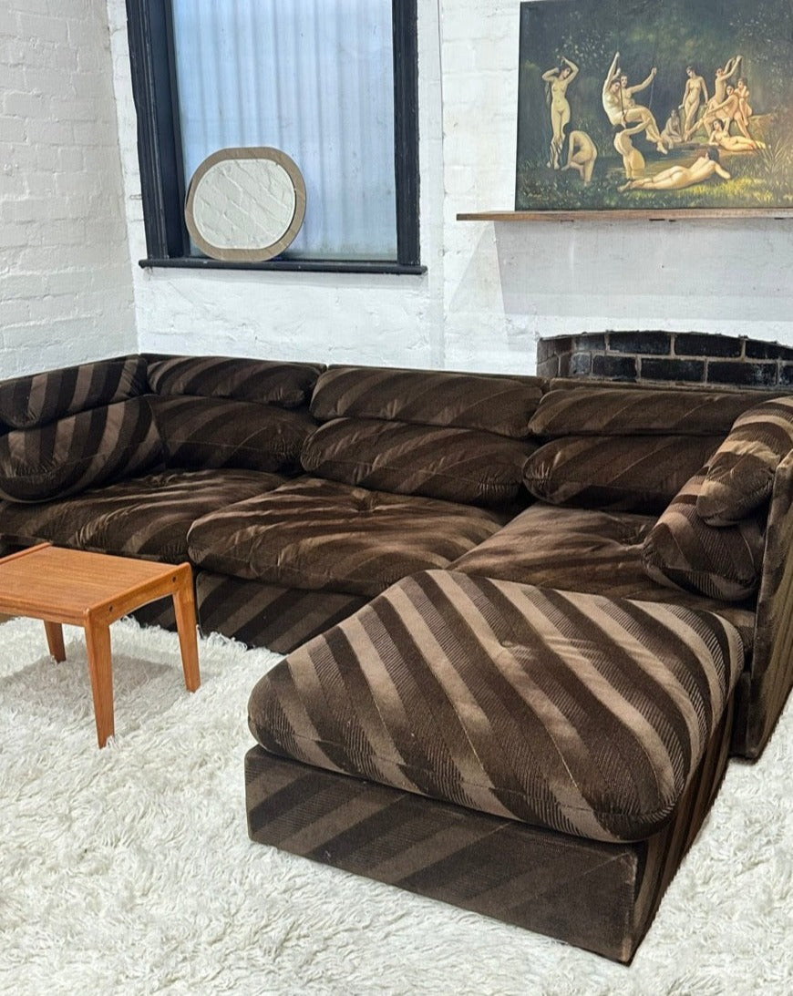 Vintage Brown Striped Velvet Modular Sofa