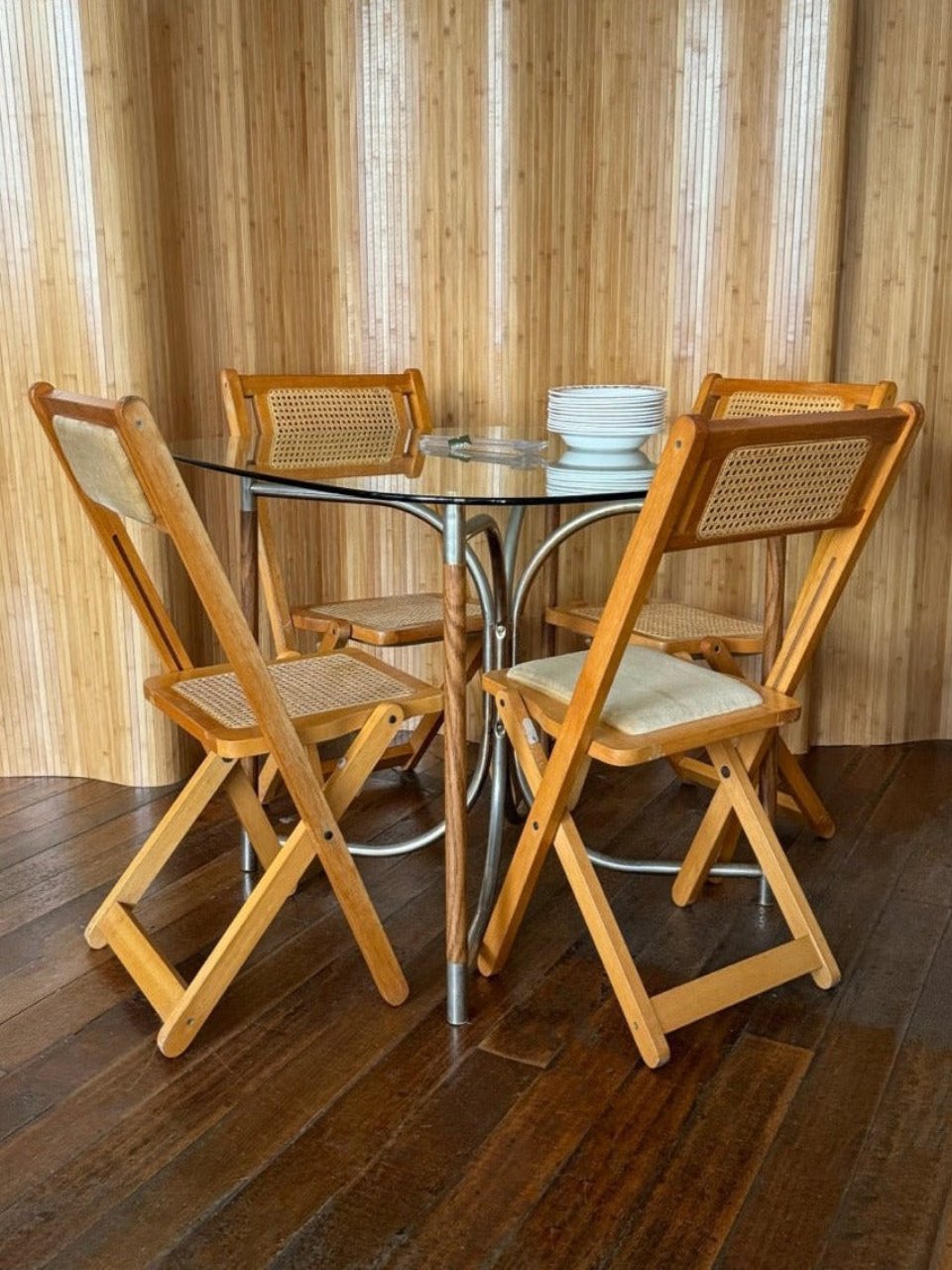 Set of 5 Rattan and Velvet Folding Chairs