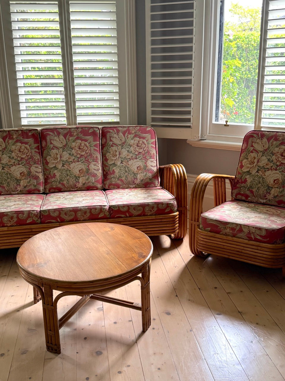 Vintage Rattan Pretzel Lounge Suite with Floral Upholstery
