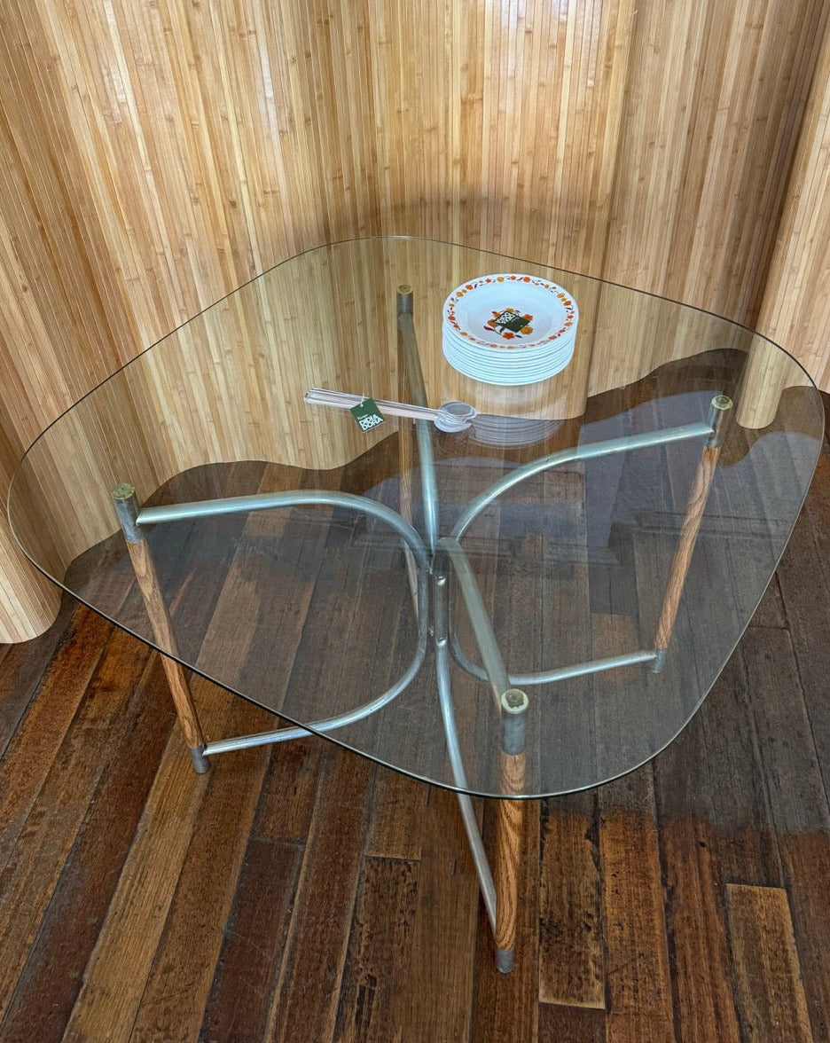 Round Glass, Oak and Chrome Dining Table