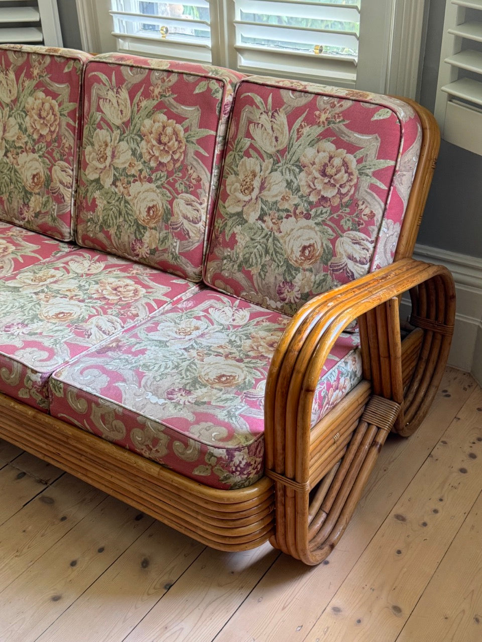 Vintage Rattan Pretzel Lounge Suite with Floral Upholstery