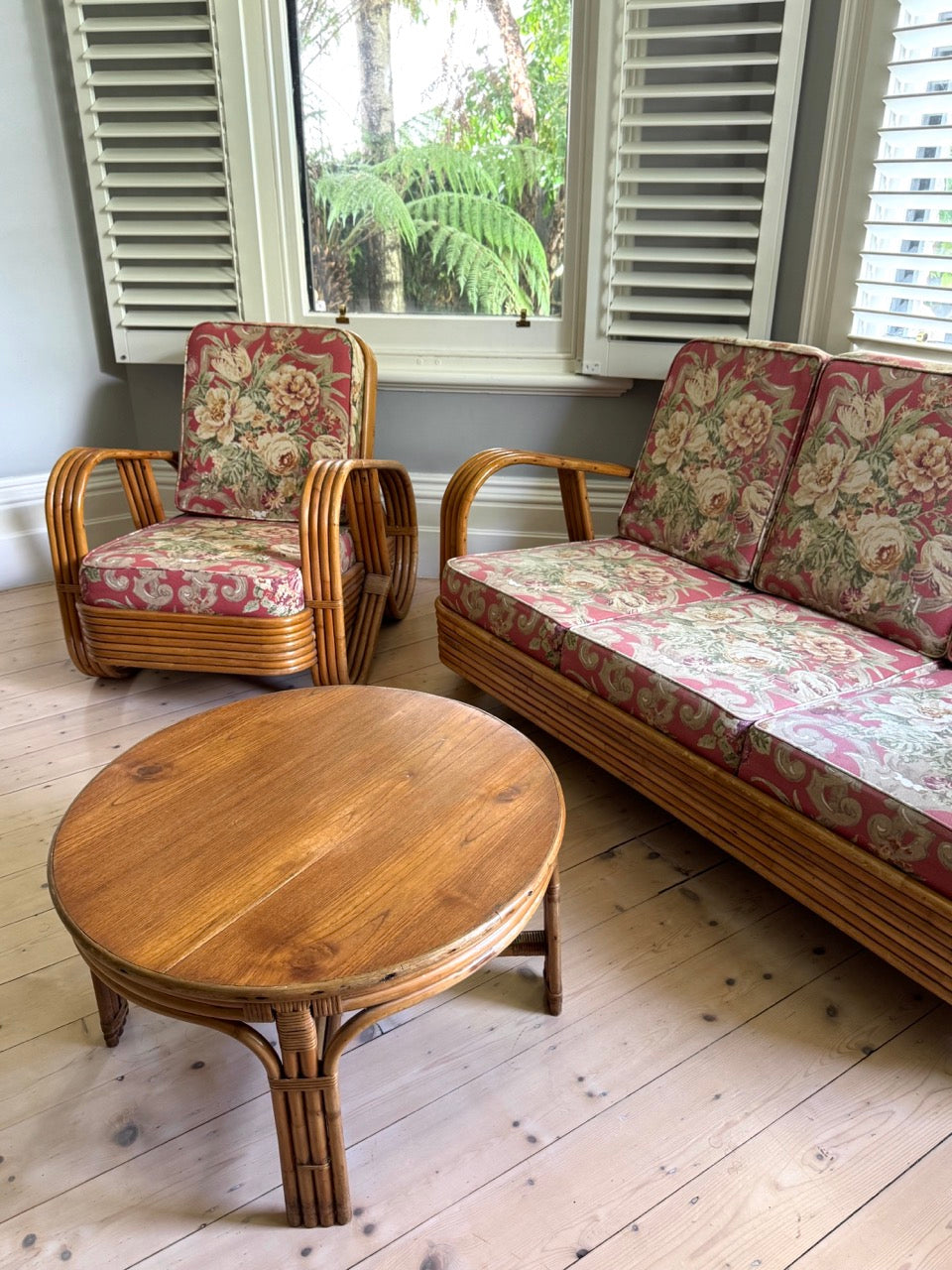 Vintage Rattan Pretzel Lounge Suite with Floral Upholstery