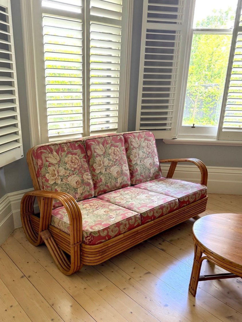 Vintage Rattan Pretzel Lounge Suite with Floral Upholstery