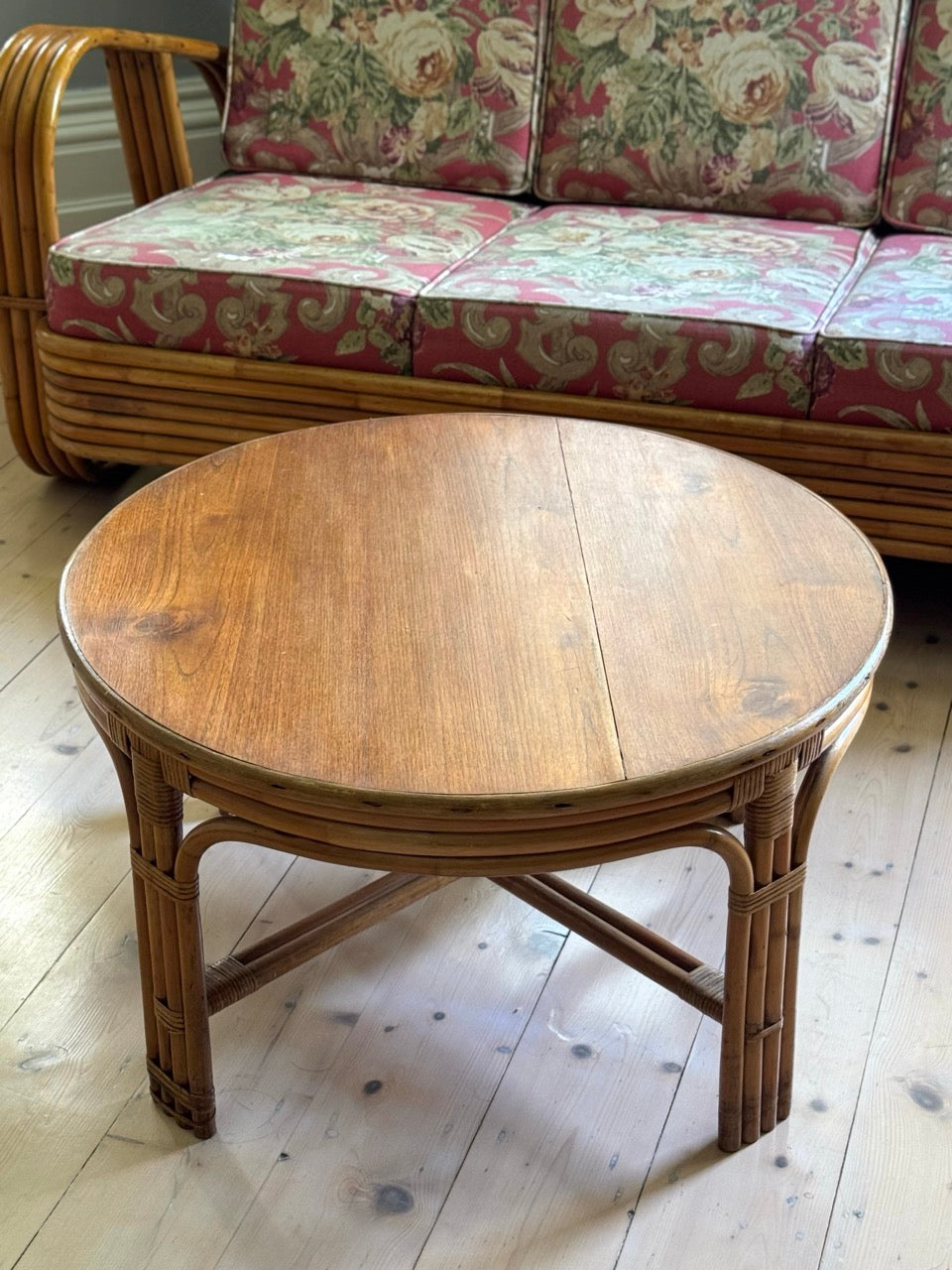 Vintage Rattan Pretzel Lounge Suite with Floral Upholstery