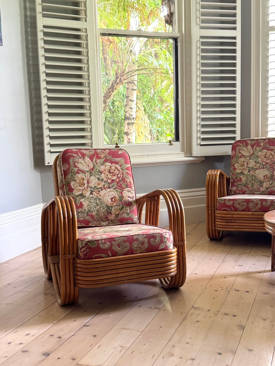 Vintage Rattan Pretzel Lounge Suite with Floral Upholstery