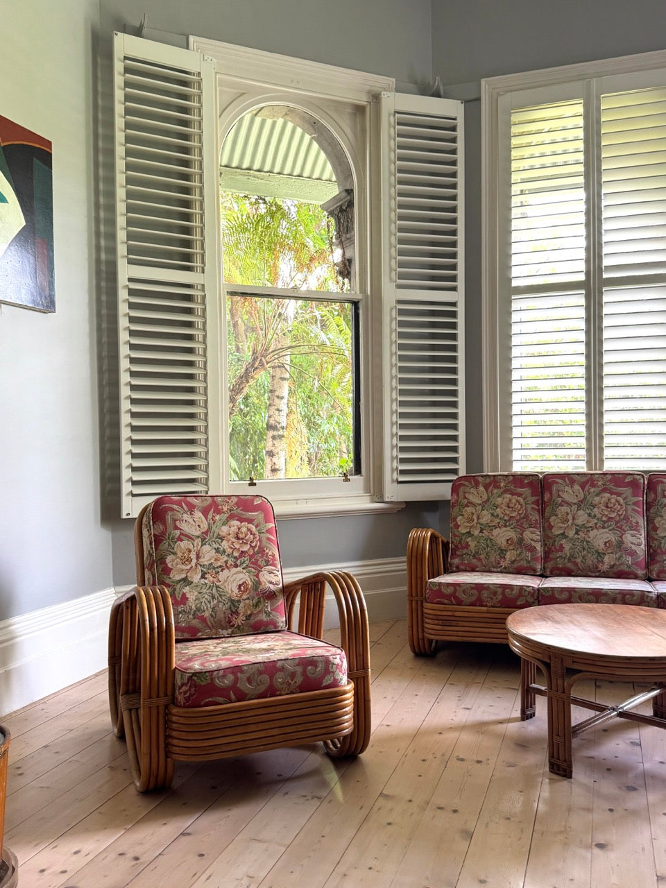 Vintage Rattan Pretzel Lounge Suite with Floral Upholstery
