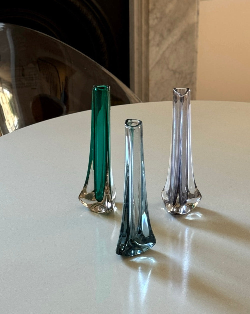 Three Kingfisher Whitefriars 'Tricorn' Stem Vases