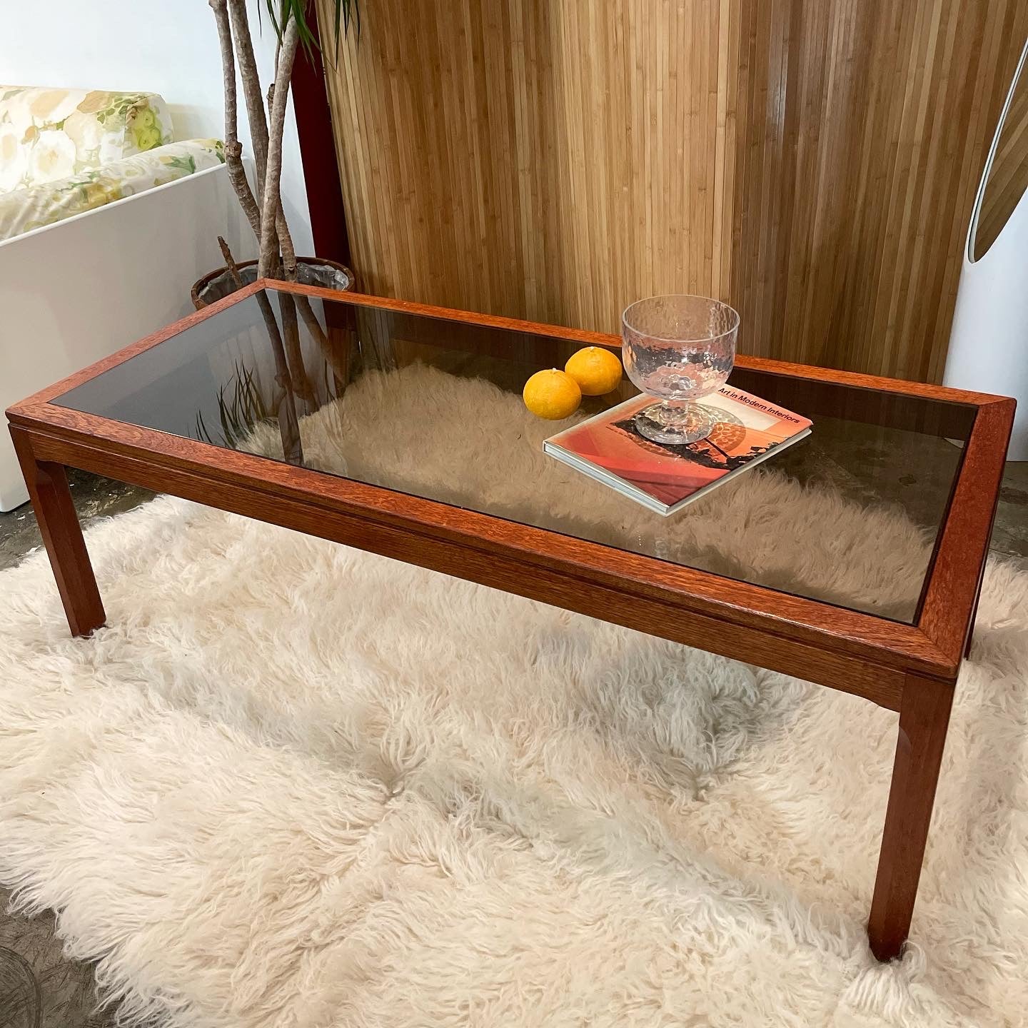 Teak and store glass coffee table