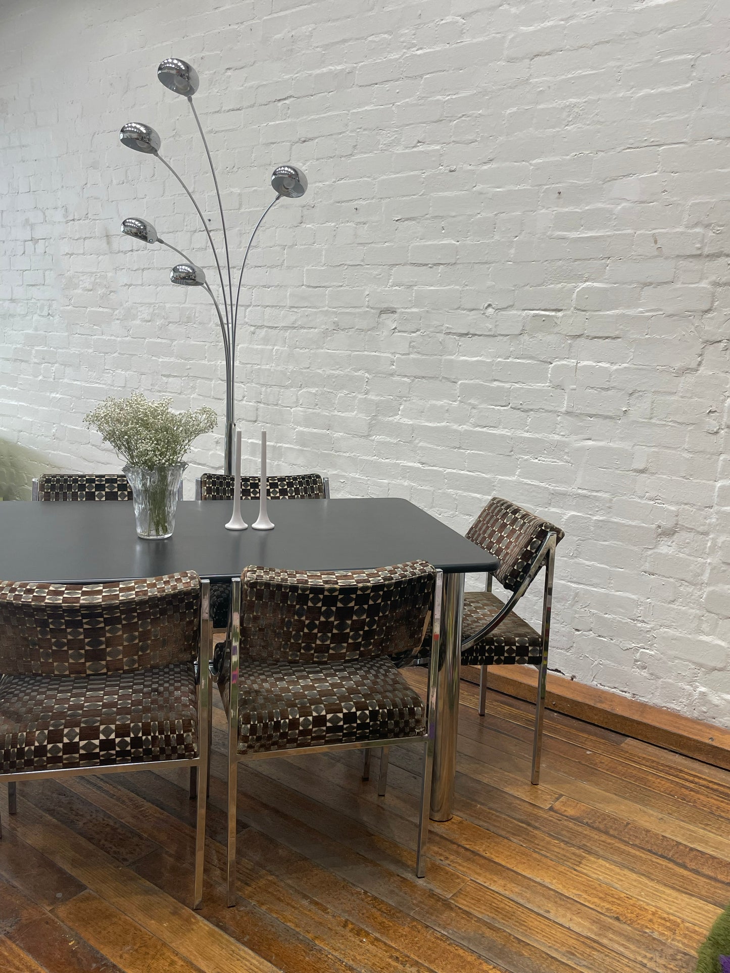 Hollywood Regency velvet and chrome dining setting