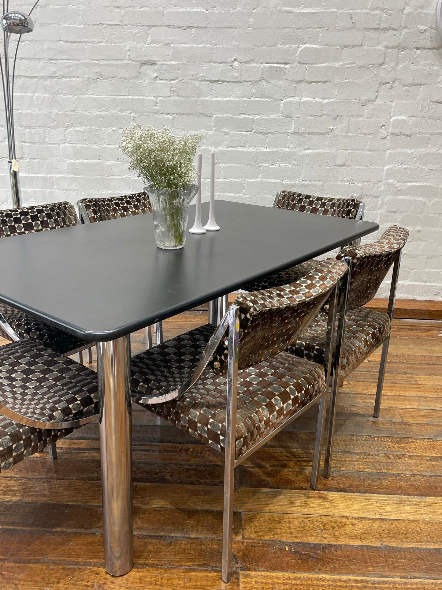 Hollywood Regency velvet and chrome dining setting