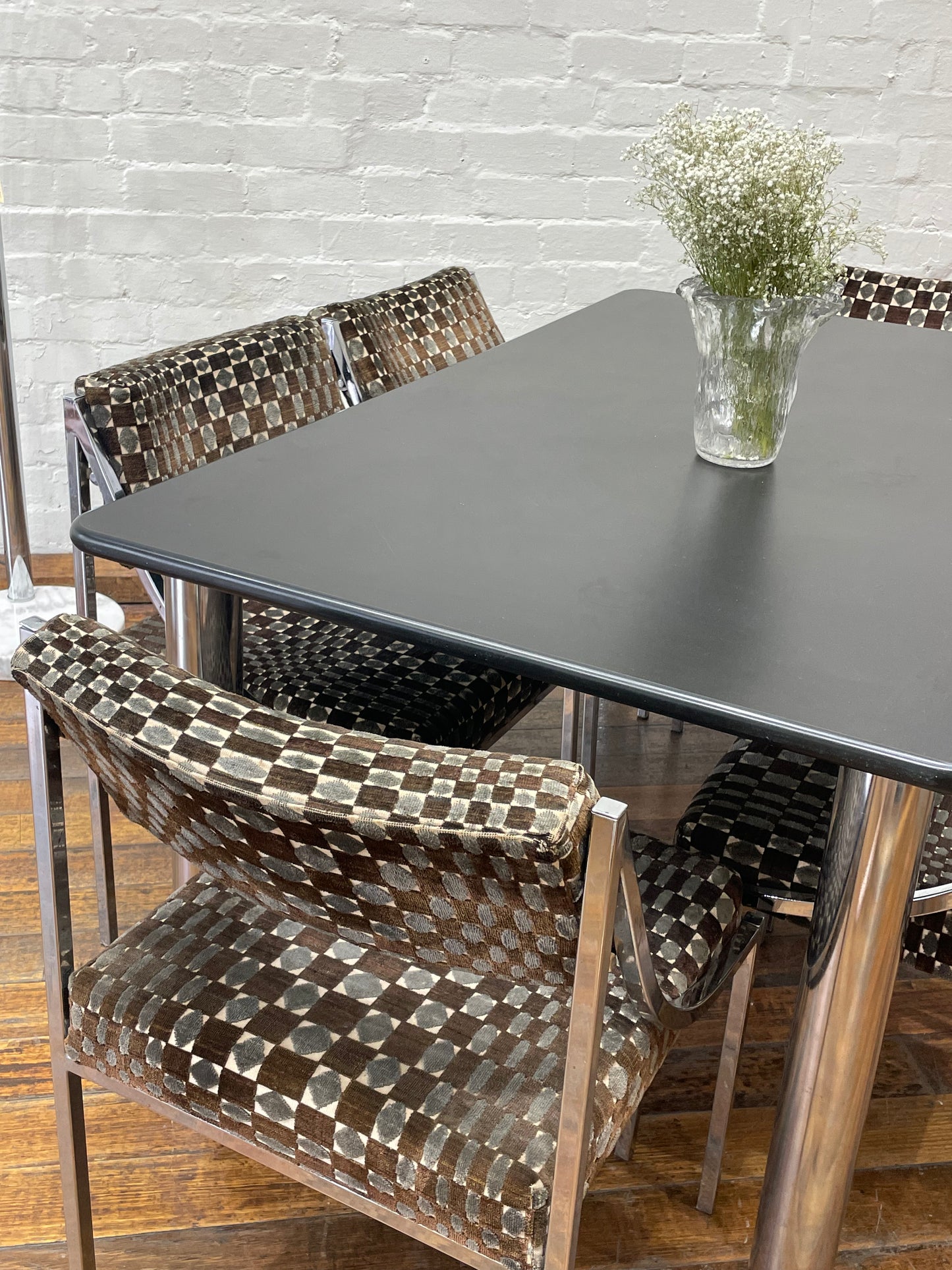 Hollywood Regency velvet and chrome dining setting