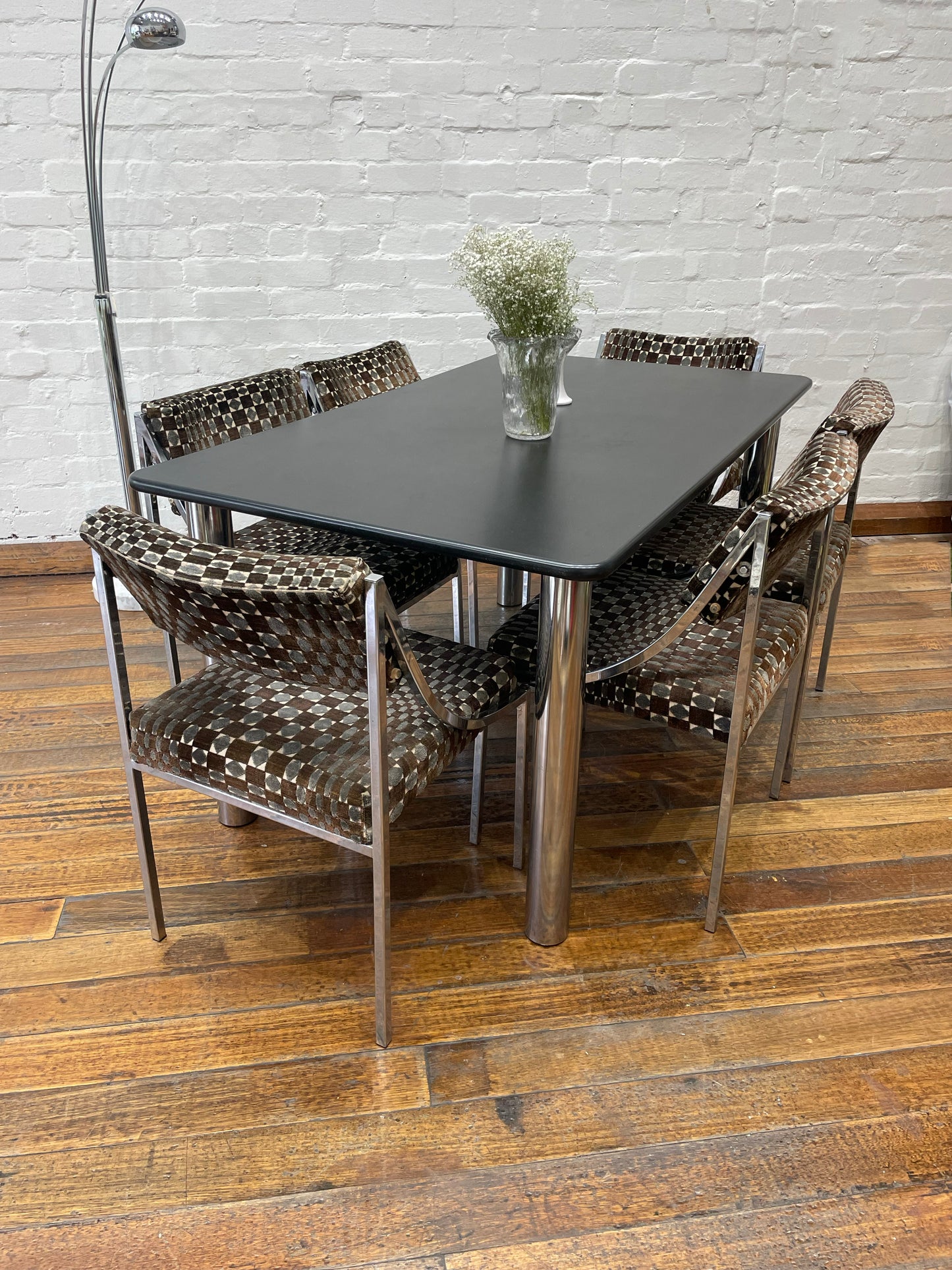 Hollywood Regency velvet and chrome dining setting
