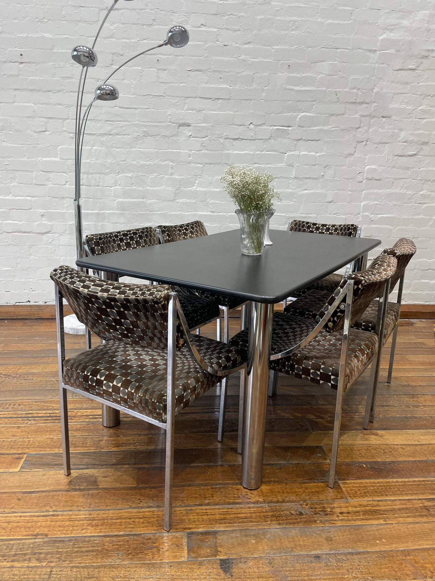 Hollywood Regency velvet and chrome dining setting