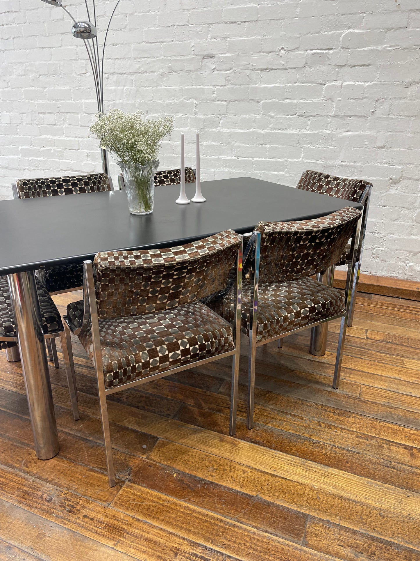 Hollywood Regency velvet and chrome dining setting