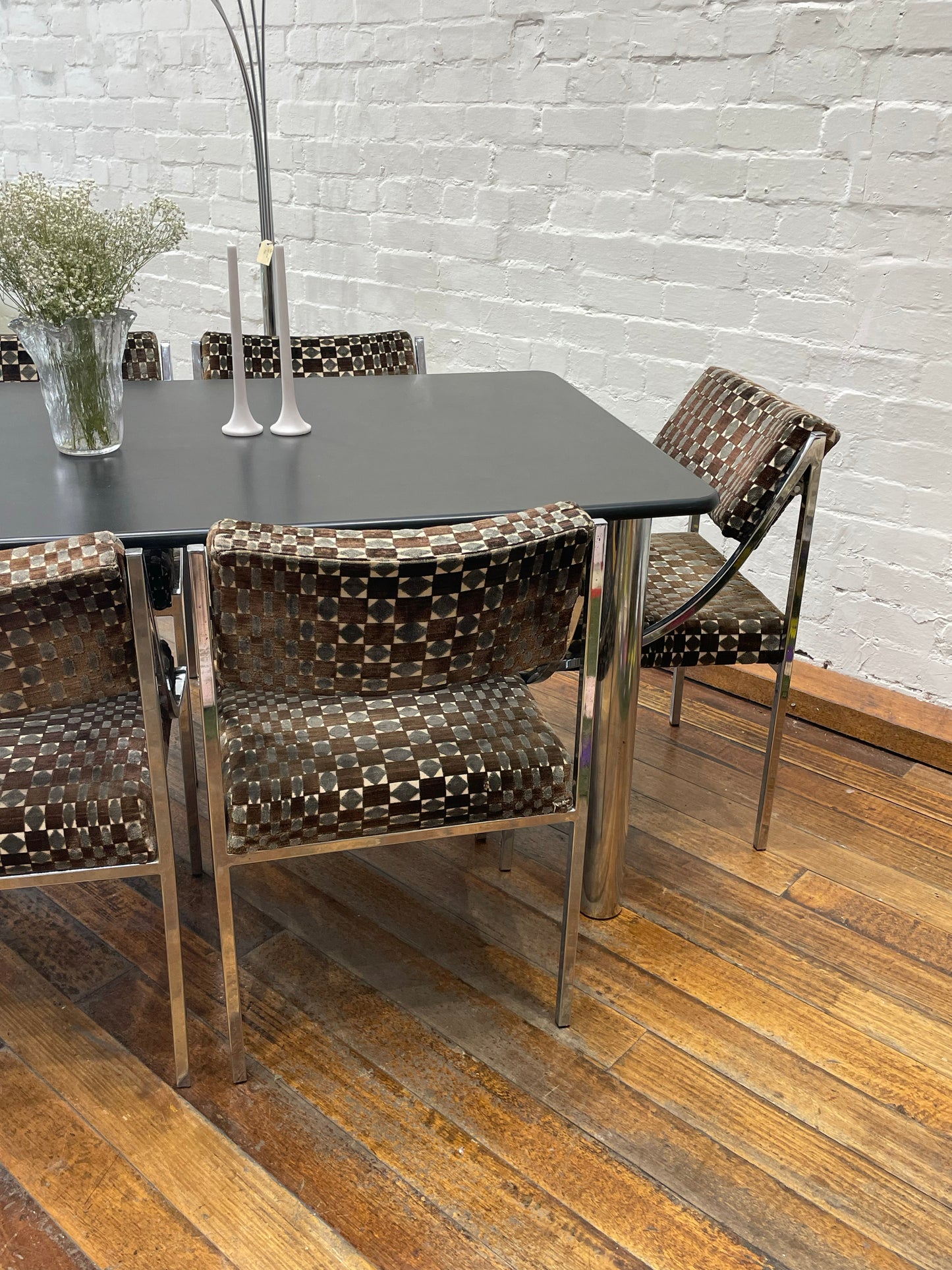 Hollywood Regency velvet and chrome dining setting