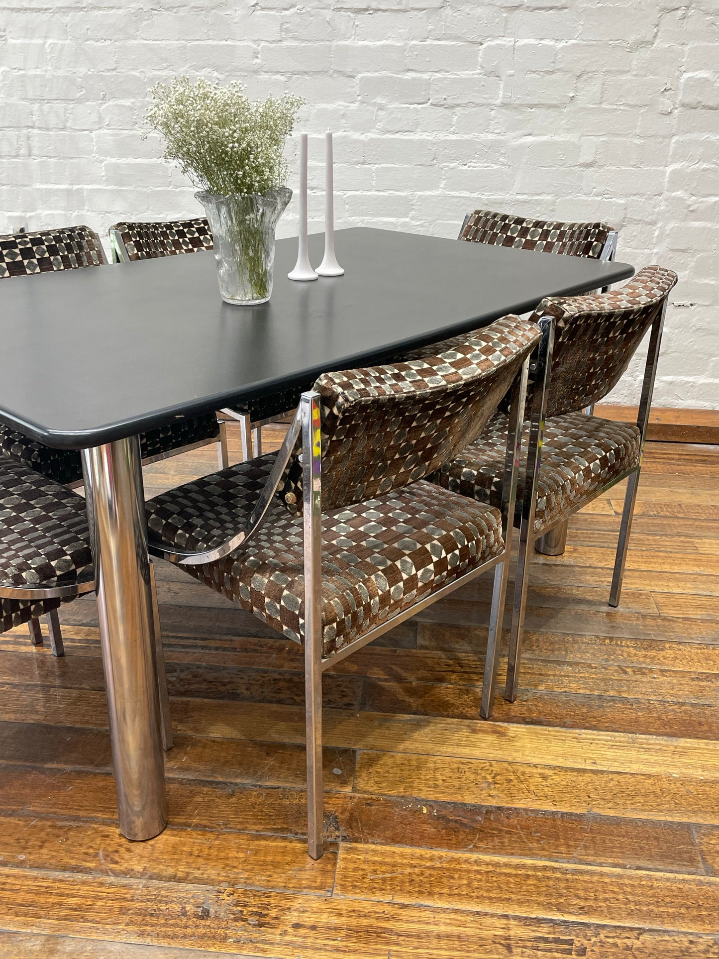 Hollywood Regency velvet and chrome dining setting
