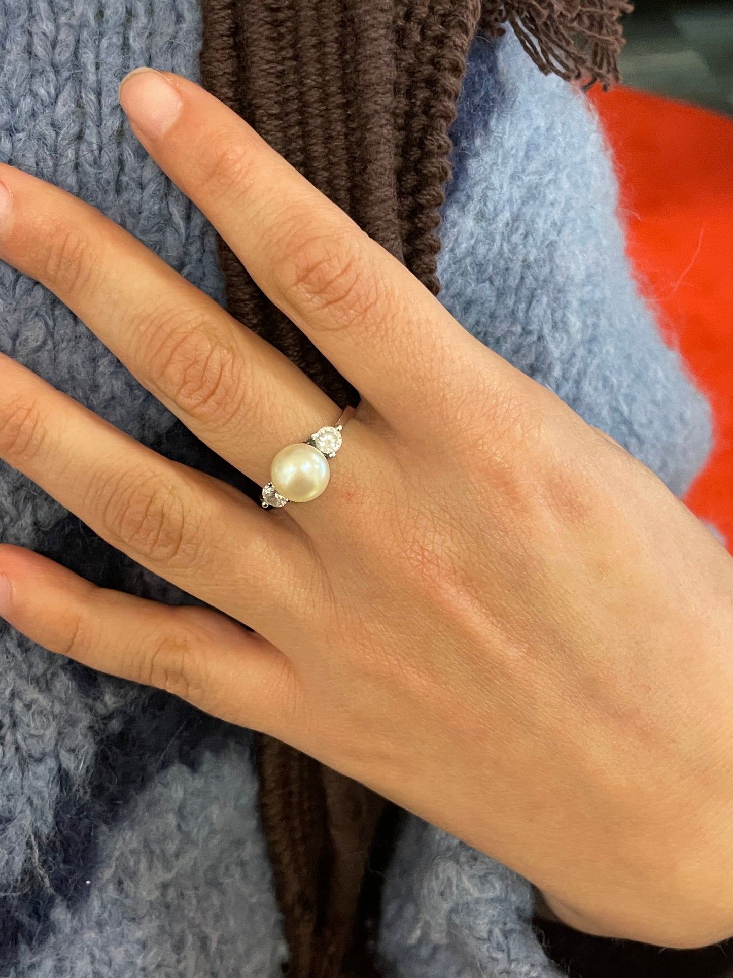 Freshwater Pearl and White Stone Ring in 14CT White Gold