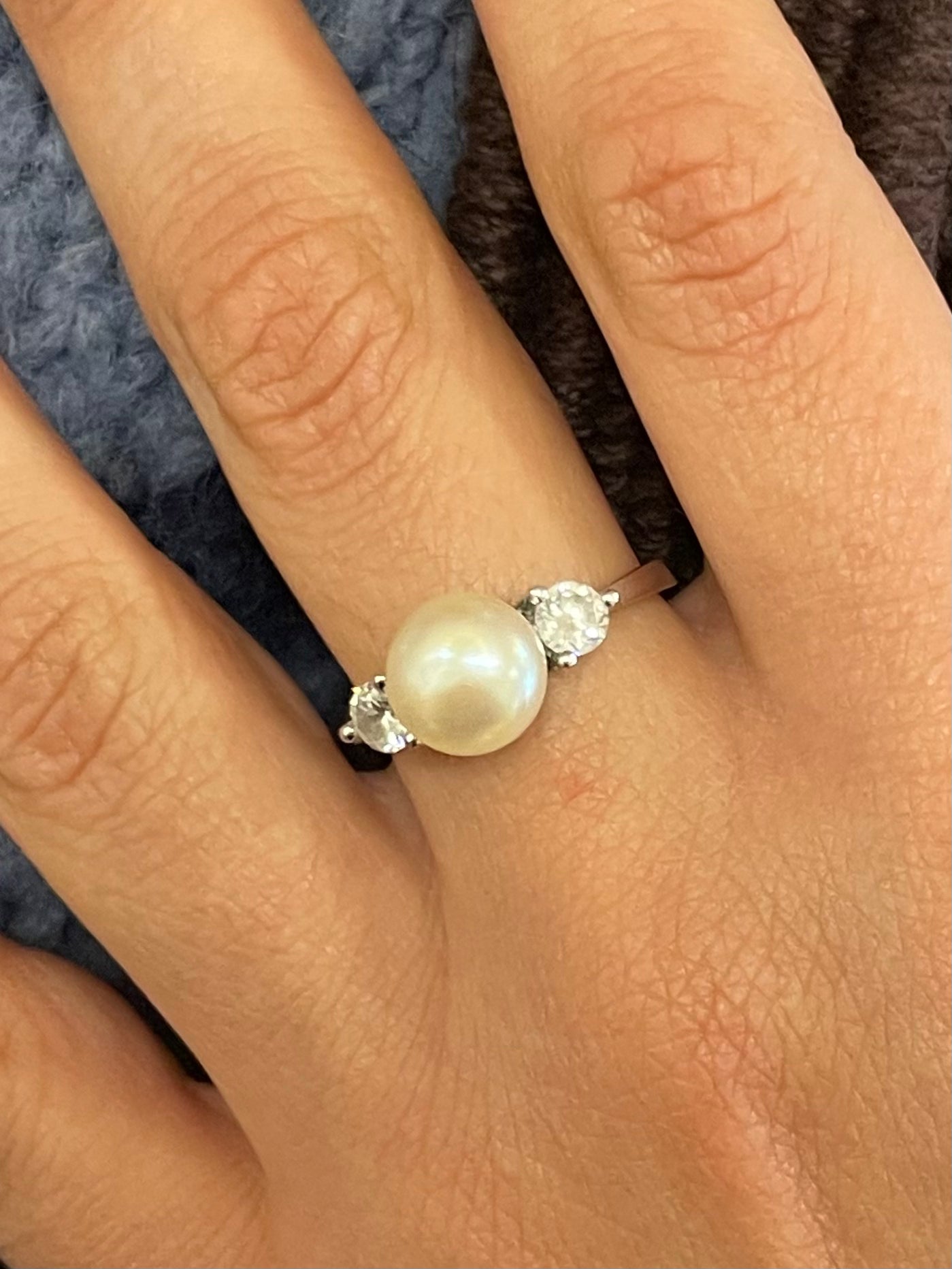 Freshwater Pearl and White Stone Ring in 14CT White Gold