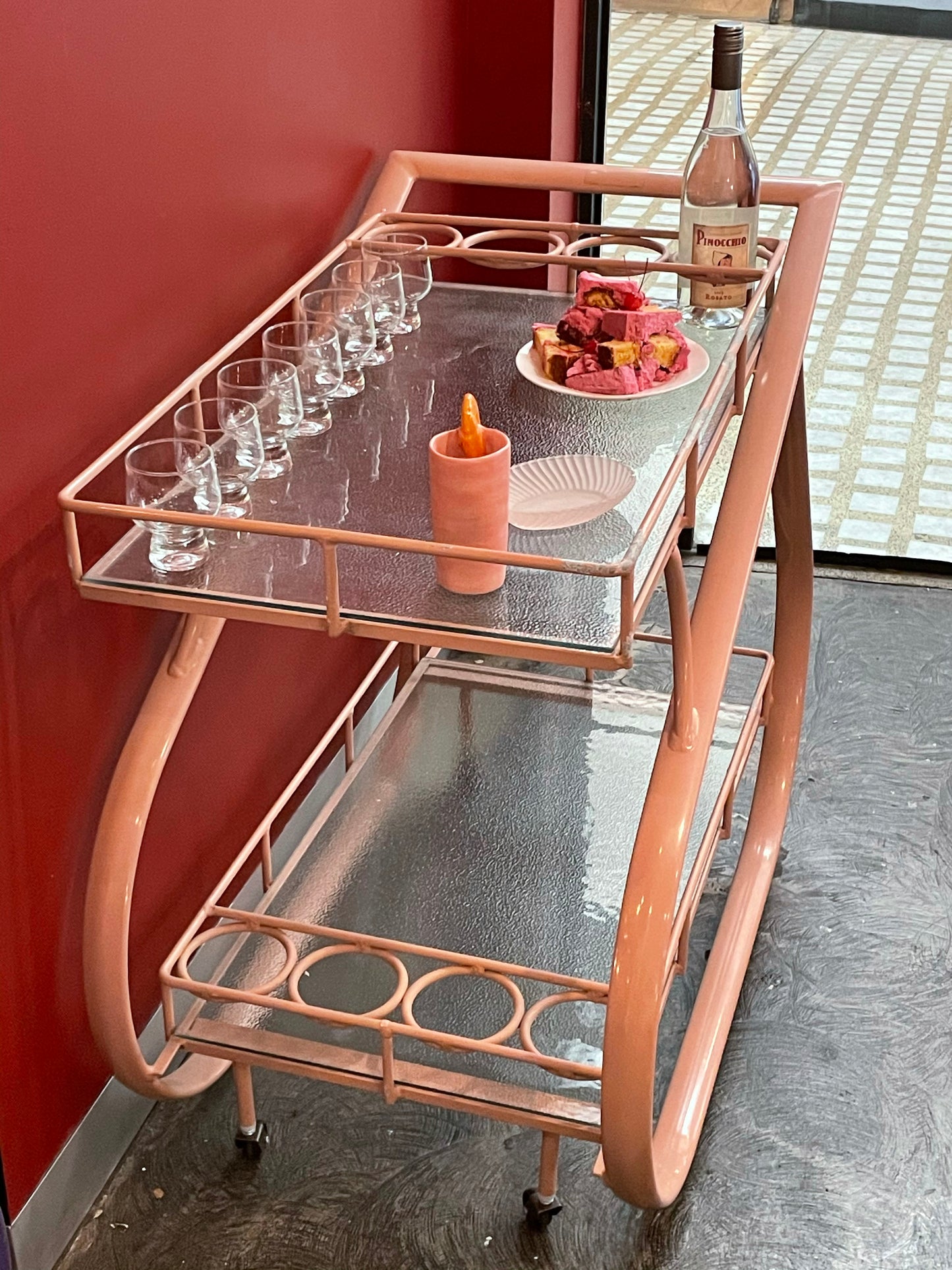 Pink Chrome and Glass Drinks Trolley
