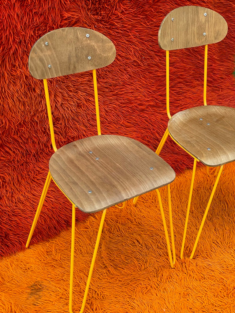 Pair of Wooden Chairs with Orange Chrome Legs