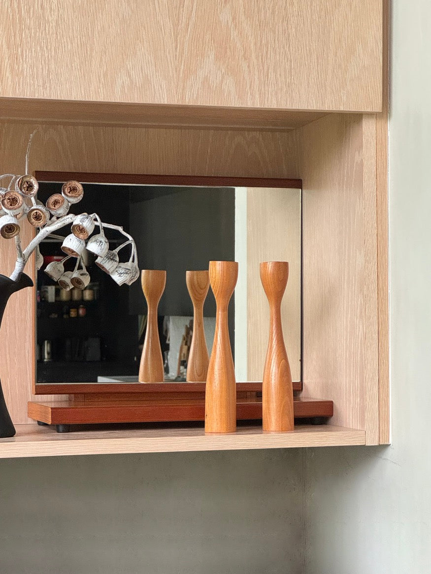 Mid Century Teak Tulip Candlesticks, Japan