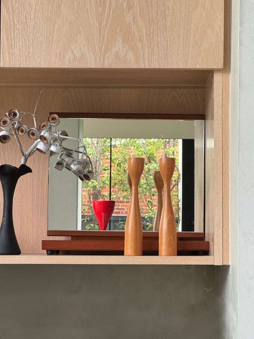 Mid Century Teak Tulip Candlesticks, Japan