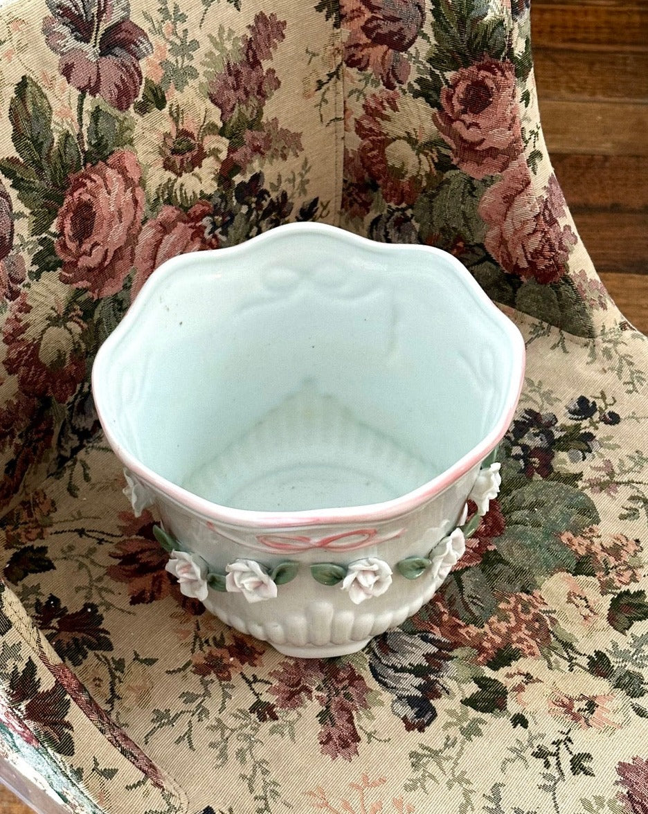 Vintage Belleek Porcelain Ruffled Rose Planter / Vase