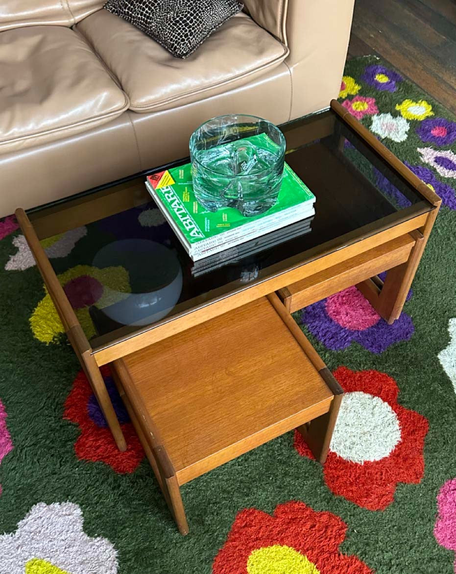 Teak and Smoked Glass Nesting Tables