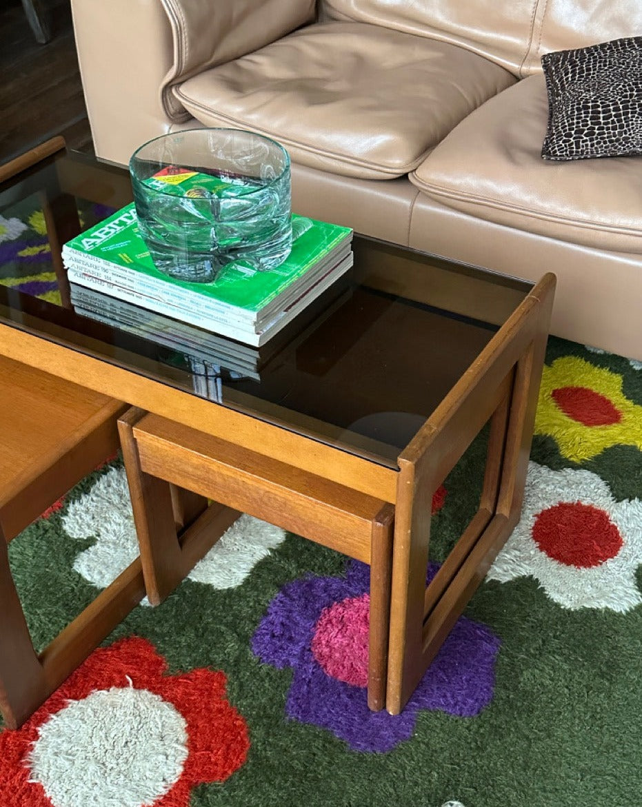 Teak and Smoked Glass Nesting Tables