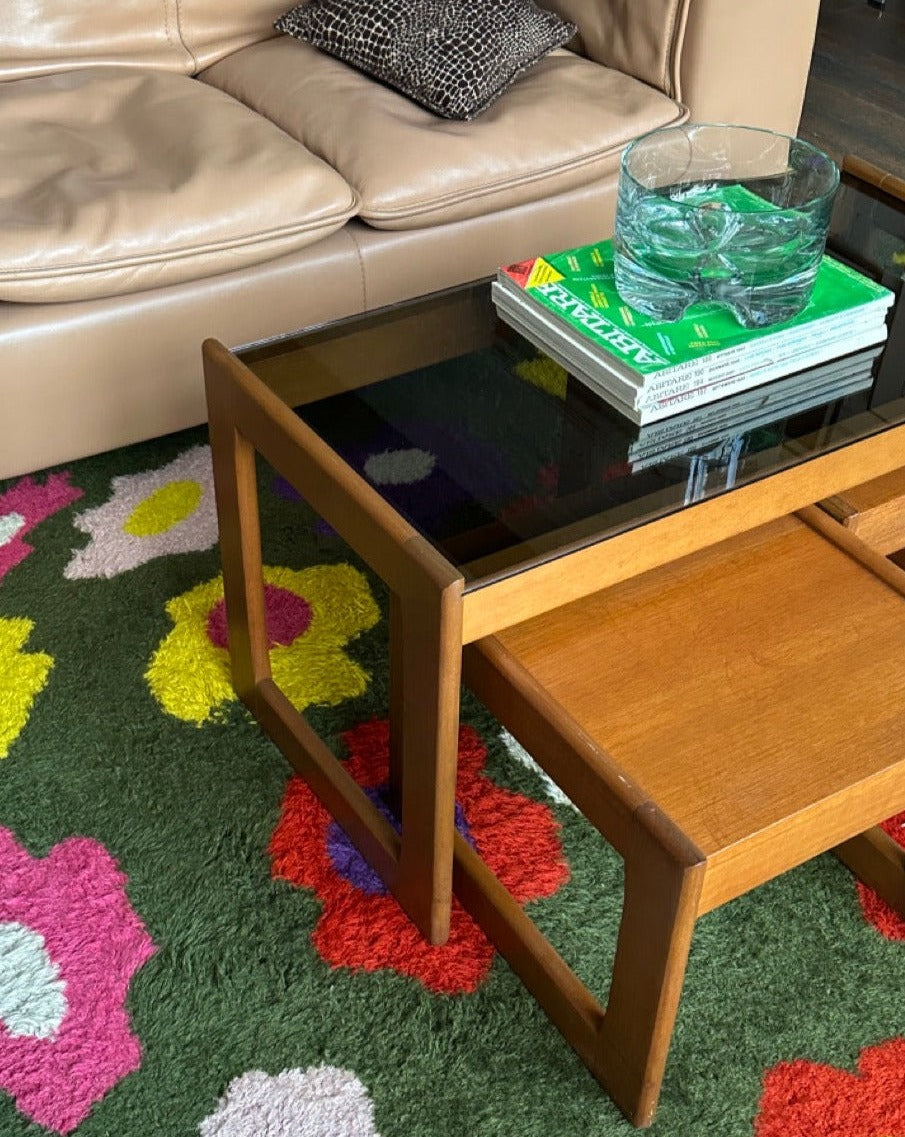 Teak and Smoked Glass Nesting Tables