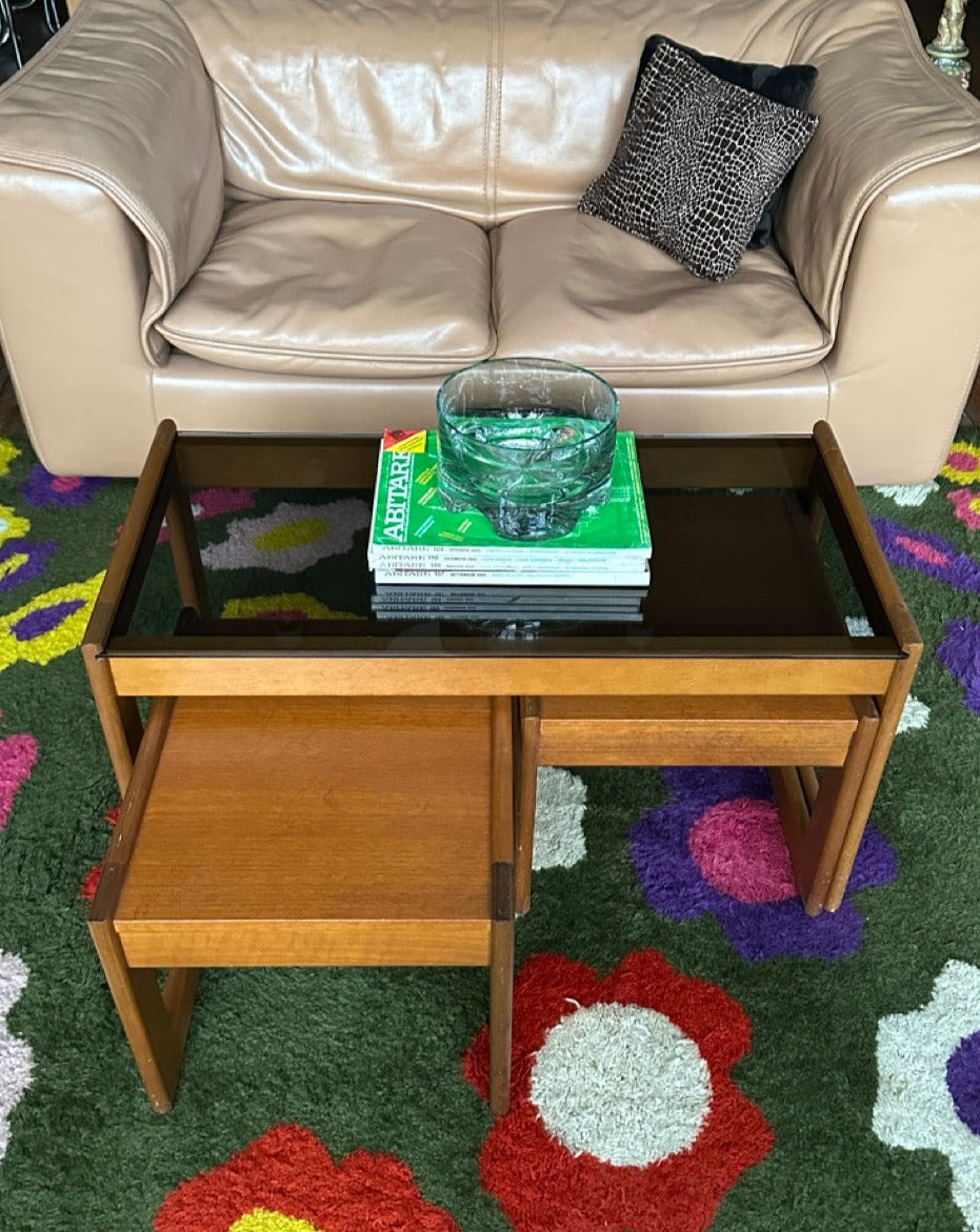 Teak and Smoked Glass Nesting Tables