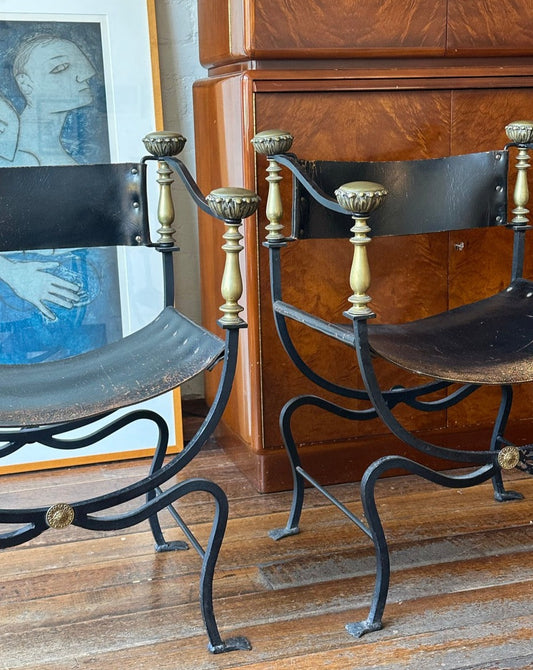 Pair of Wrought Iron & Brass Savonarola Armchairs