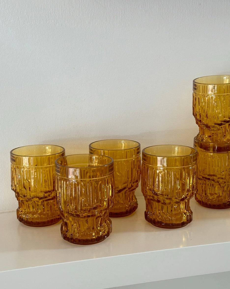 Amber Glass Jug and Six Matching Glasses