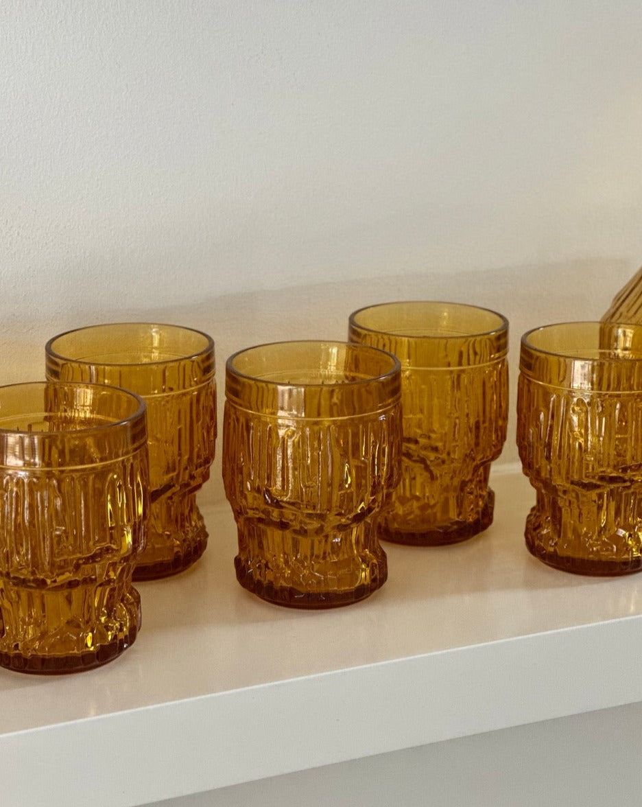 Amber Glass Jug and Six Matching Glasses