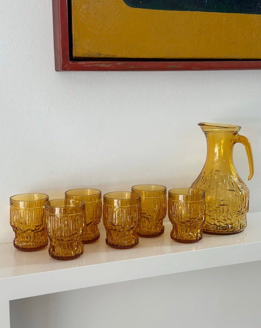 Amber Glass Jug and Six Matching Glasses