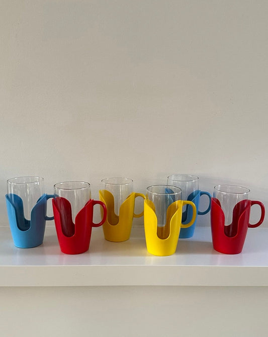 Set of 6 Pyrex Tumblers with Coloured Holders