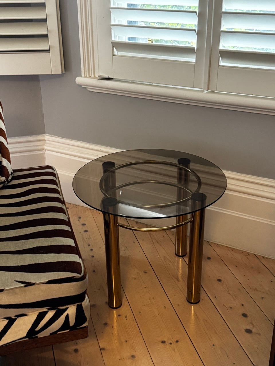 Smoked Glass and Brass Tubular Side Table